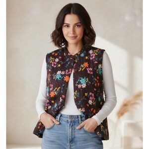 Blair Plus Size Quilted Floral Button Front Vest Black Size 2XL